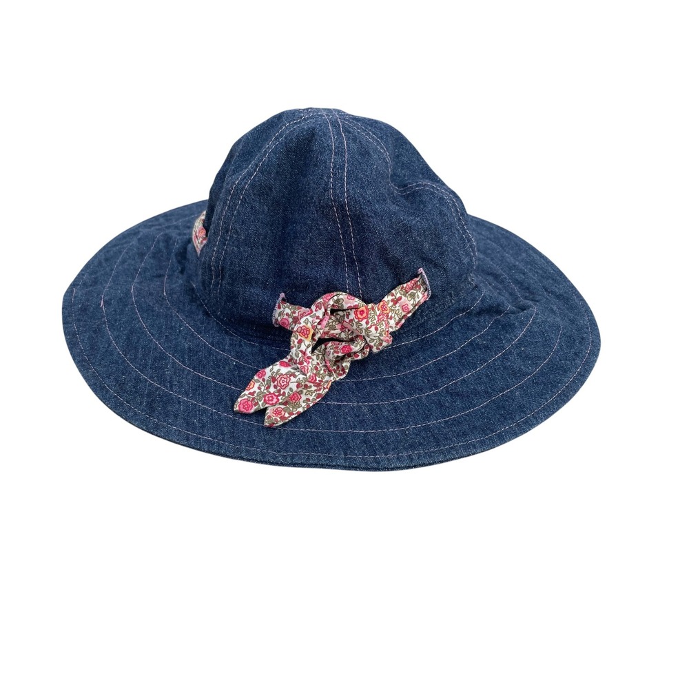 San Diego Hat Co Girls Denim Sun Hat Blue Floral Wide Brim 2-4 Years